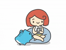 a cartoon of a girl sitting on a bean bag with a blue cat