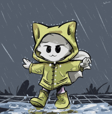 a drawing of a cat wearing a yellow raincoat in the rain