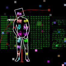 a computer screen shows a drawing of a person with cats on their bodies
