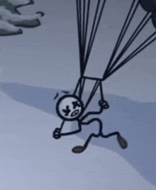 a stick figure is flying through the air with a parachute attached to it .