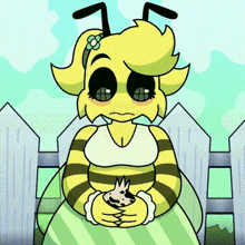 a cartoon drawing of a bee girl holding a rabbit in her hands