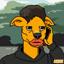 a cartoon of a giraffe wearing a black hoodie talking on a cellphone