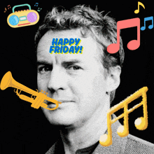 a man with a trumpet in his mouth has the words happy friday written on his face