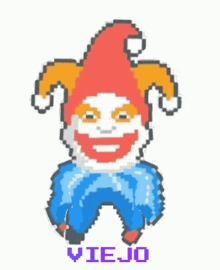 a pixel art drawing of a jester with the word viejo below him