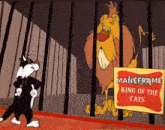 a cartoon cat is standing in front of a lion in a cage .
