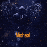 a man in a hoodie with angel wings and the name micheal .