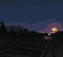 a pixel art drawing of a train going down train tracks at night
