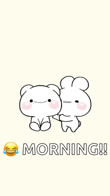a cartoon of a bear and a rabbit hugging with the words morning written below them