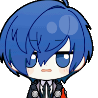 a cartoon drawing of a boy with blue hair and a serious look on his face