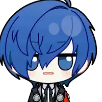 a cartoon drawing of a boy with blue hair and a serious look on his face