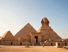 a man stands in front of a pyramid and a sphinx