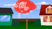 a cartoon drawing of a devil with claws coming out of a cloud