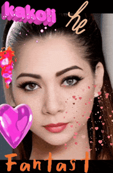 a woman 's face is surrounded by pink hearts and the word fantasi