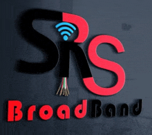 a red and black logo for srs broadband on a black wall