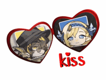 two hearts with a picture of a man and a woman and the word kiss below them