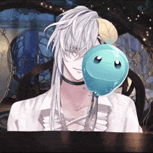 a man with long white hair holds a blue balloon over his face