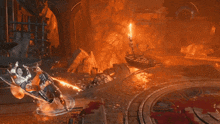 a video game scene with a person flying through the air with a sword
