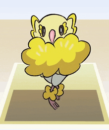 a cartoon of a yellow bird with a pink beak standing on a rug