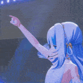 a girl with blue hair is standing in front of a stage