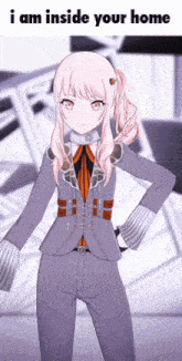 a girl with pink hair is standing with her hands on her hips and a meme that says i am inside your home