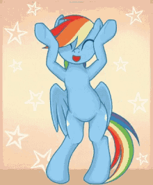 a blue pony with wings and a rainbow tail dancing