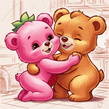 a pink teddy bear with a green leaf on its head is hugging another brown teddy bear