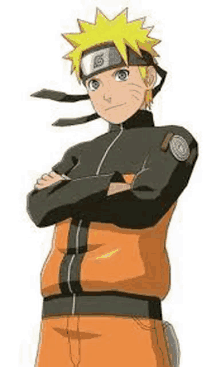 naruto is standing with his arms crossed and wearing a headband and a jacket .