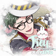 a boy with glasses and a hat is holding a bunny and the name kaysito is on the bottom of the picture