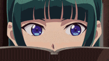 a girl with blue eyes is reading a book that says ' ao no exorcist ' on it