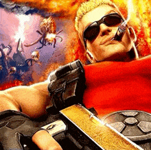 a man wearing sunglasses is holding a gun and smoking a cigar