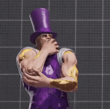a man wearing a purple top hat and a purple suit is standing with his arms crossed .