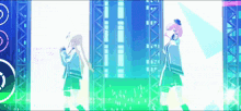 two anime girls are dancing on a stage in front of a crowd .