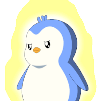 a drawing of a blue and white penguin with a sad look on its face