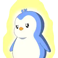 a drawing of a blue and white penguin with a sad look on its face