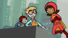 a cartoon of a girl in a red superhero costume standing next to a boy with glasses