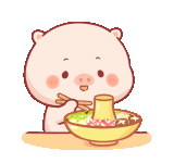 a pig is sitting at a table eating a bowl of food with chopsticks .