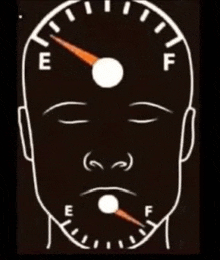 a drawing of a person 's face with a fuel gauge pointing to the e and f .