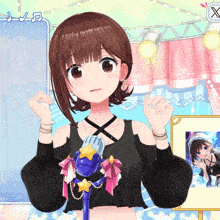 a girl is standing in front of a microphone in a video game