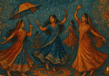 a painting of women dancing in the rain with one holding an umbrella