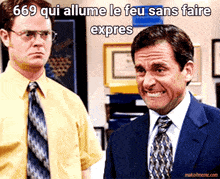 two men are standing next to each other with the caption 669 qui allume le feu sans faire expres
