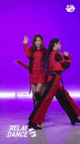 a girl in a red dress is dancing on a purple background with the words relay dance below her