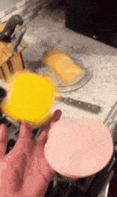 a person is holding a piece of ham next to a piece of cheese