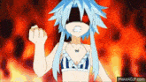 a girl with blue hair and red eyes is wearing a bikini and making a fist .