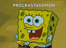 a cartoon of spongebob with procrastadamon written on the bottom