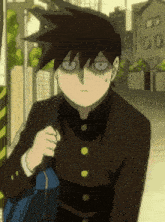 a cartoon character is walking down a street with a blue bag