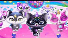 a group of animals are singing into a microphone in front of a disco ball ..