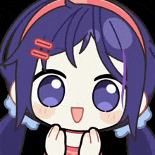 a cartoon drawing of a girl with purple hair and big blue eyes