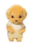 a stuffed animal with a white shirt and yellow pants is walking