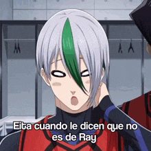 a cartoon character with a green streak in his hair says " eiba cuando le dicen que no es de ray "
