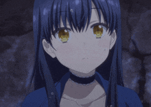 a girl with long blue hair is covering her mouth with her hands